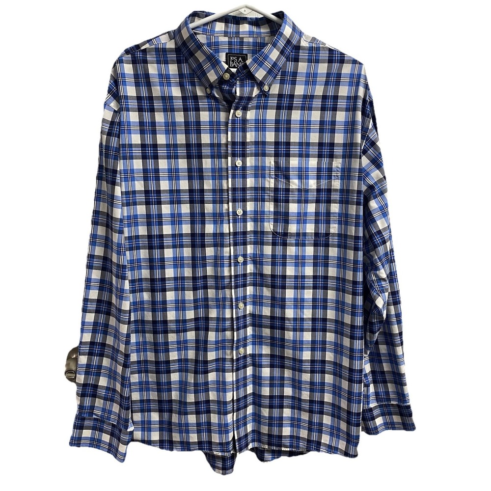 Jos A Bank Men's Blue&White Plaid Button Down Dress Shirt‎ Size XL